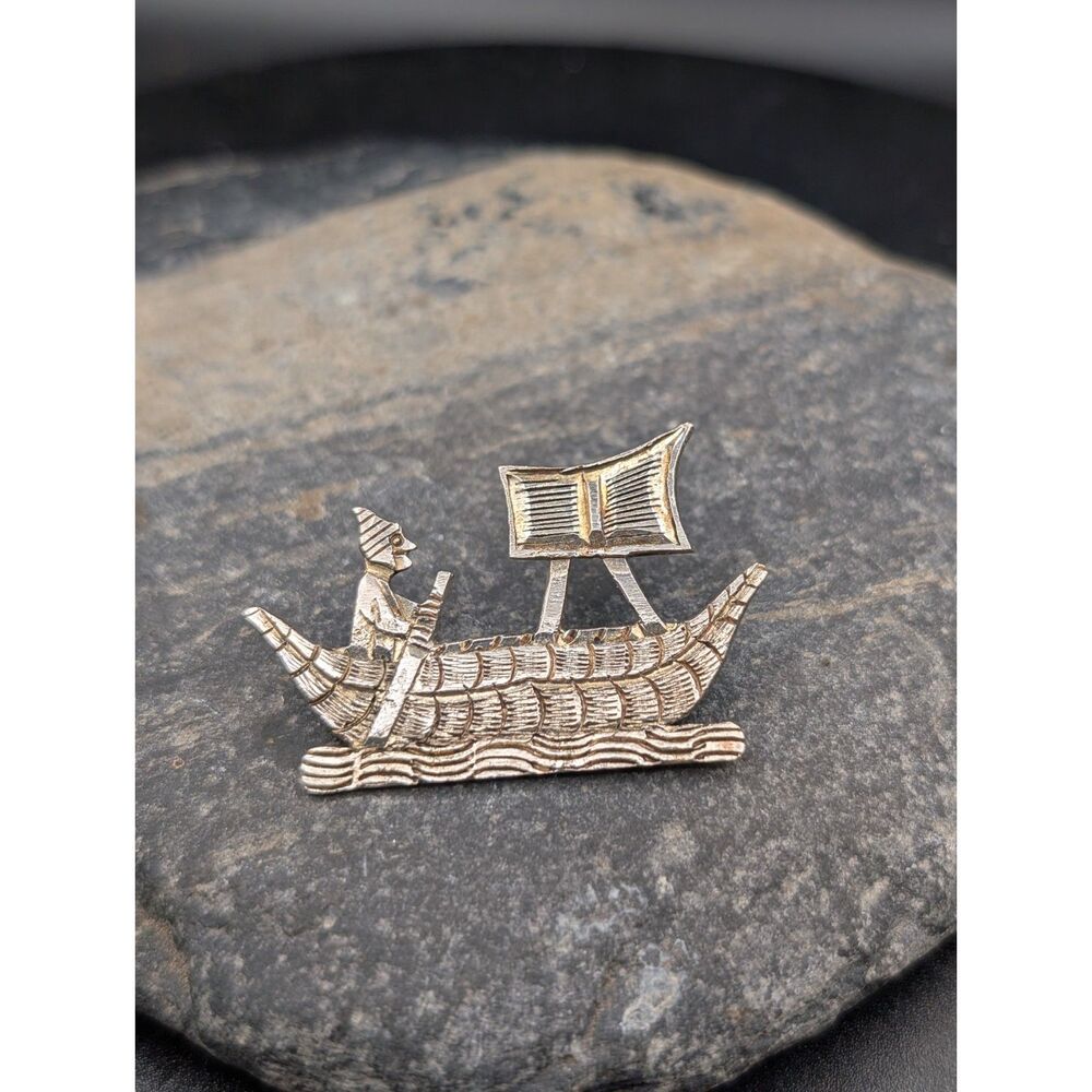 Vintage Silver Boat Brooch • Tested Sterling • Viking‑Style Miniature Pin